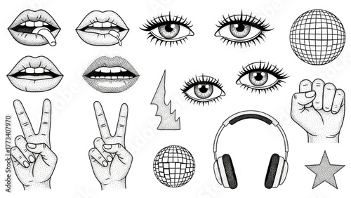 A collection of retro pop art graphic elements including lips, eyes, hands, and disco balls