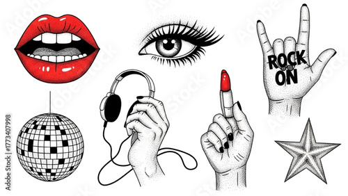 Set of hand-drawn glam rock and party theme illustrations with lips, disco ball, and music symbols