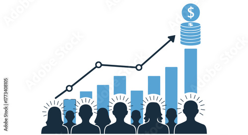 Business growth chart with rising bars, line graph, and stacked coins isolated on transparent background