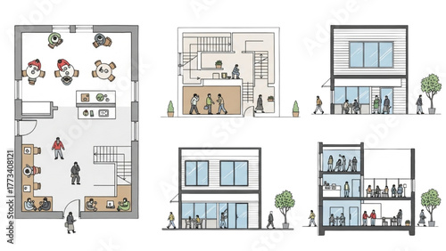 Isometric View of Modern Two-Story Building Interior and Exterior