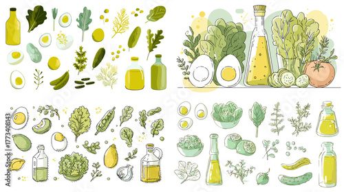 Fresh illustration set of green vegetables, avocado, eggs, and olive oil in sketch style. Great for organic food branding, vegan menu design, and healthy lifestyle graphics.