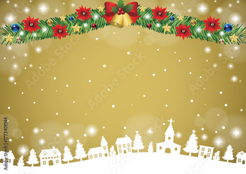 クリスマス背景、町並みシルエット、金、かわいい、イラスト、横