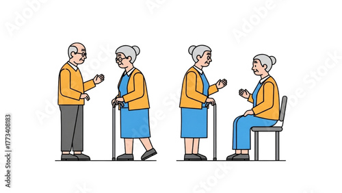 Vector set of an elderly couple in conversation. Senior man talking to a woman with a walking cane