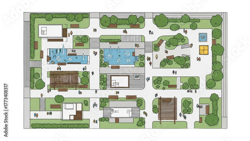 Top-down aerial view of a modern urban park design with water features, seating, and greenery