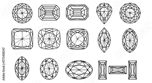 Collection of diamond shapes and cuts isolated on transparent background
