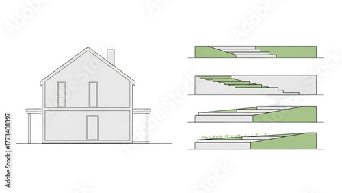Architectural Design Sectional Views of a House with Terraced Landscape
