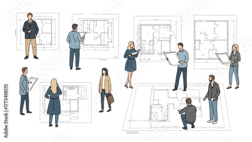 Architectural Professionals Collaborating on Building Blueprints and Construction Plans, Reviewing Design Schematics and Engineering Projects