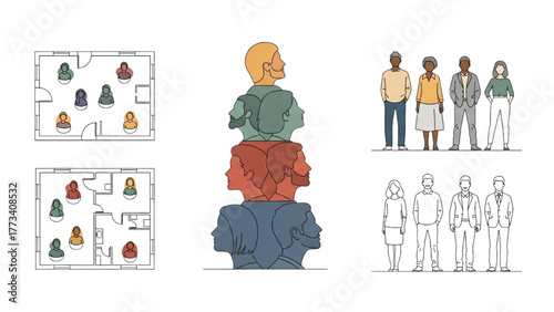 Conceptual illustrations of diverse teams, office layouts, and group dynamics