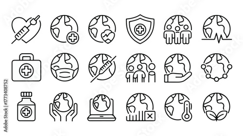 Global Health and Pandemic Icons Outline heart syringe