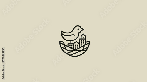 A bird's nest holding a small, geometric city icon instead of eggs.