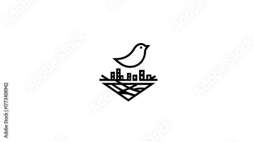 A bird's nest holding a small, geometric city icon instead of eggs.