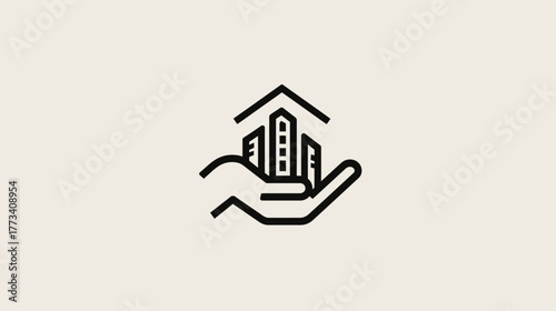 Hand of the City. A stylized hand holding a protective roof over a small cityscape.