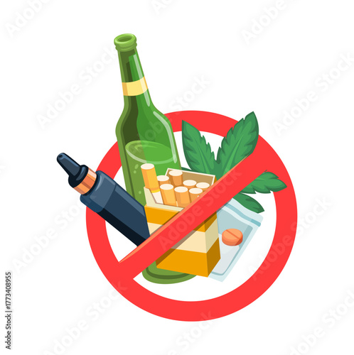 No Narcotics, Cigarettes, Vape, and Alcohol Symbol Cartoon Illustration Vector