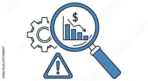 Magnifying glass over declining graph with gears and warning sign isolated on transparent background