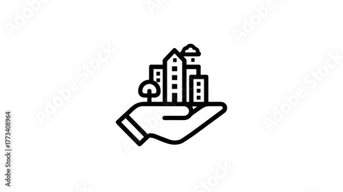 Hand of the City. A stylized hand holding a protective roof over a small cityscape.