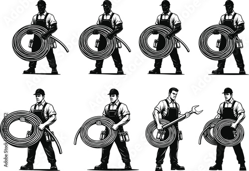 Eight different style illustration of electrician worker holding cable coil, technician man with tools and wrench, professional repair vector art set