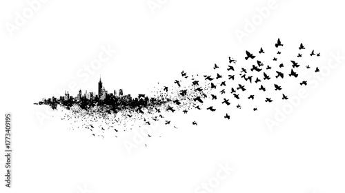 A flock of doves rising to form the outline of a city's skyline.