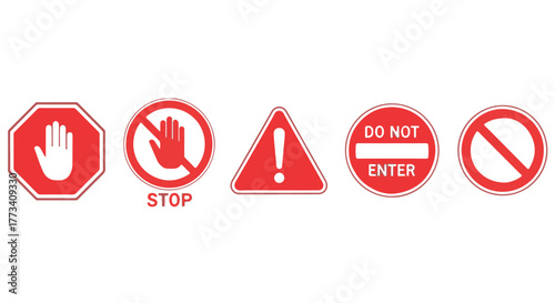 Collection of red traffic and warning signs isolated on transparent background