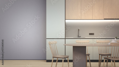 Neutral indoor led strip glow in cozy japandi style interior. 3d rendering of minimalist dining room with kitchen counter and copy space wall for background.