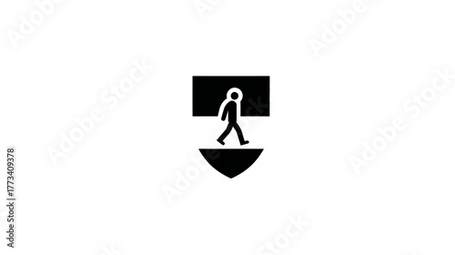 The Safe Passage. A crosswalk symbol (walking person) inside a shield, overlooking a city.