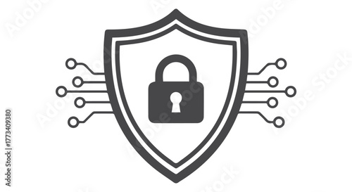 Cyber security shield with padlock and circuit board elements isolated on transparent background