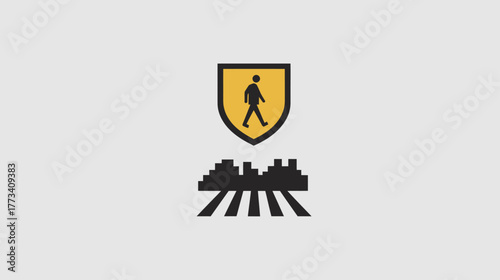 The Safe Passage. A crosswalk symbol (walking person) inside a shield, overlooking a city.