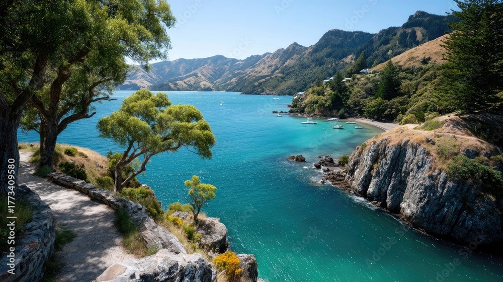 Obraz premium Vibrant Coastal Bay Landscape With Sparkling Turquoise Water Lush Green Hills And Rocky Shoreline Under Bright Sunlight
