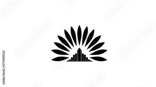 A sun where the rays are alternating building shapes and leaf shapes.