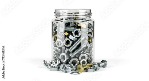 Assortment of metal nuts and bolts in a clear glass jar on a white background.