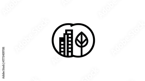 Two overlapping and interlocked circles, one containing a building, the other a leaf.