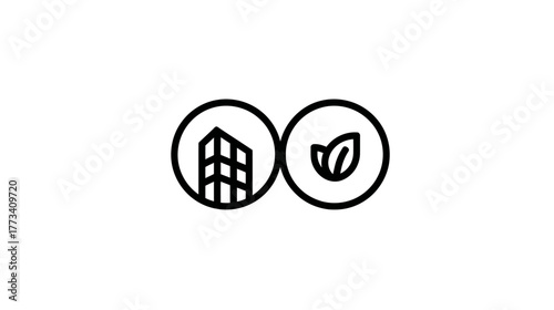 Two overlapping and interlocked circles, one containing a building, the other a leaf.