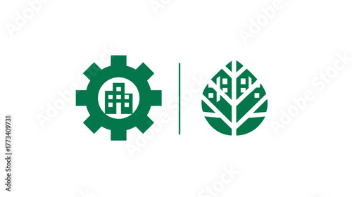 Two overlapping and interlocked circles, one containing a building, the other a leaf.