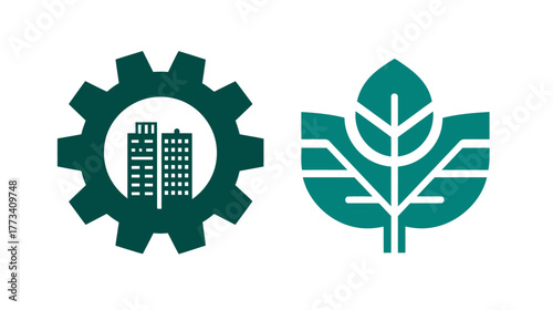 Two overlapping and interlocked circles, one containing a building, the other a leaf.