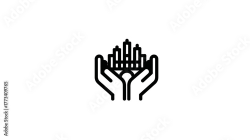 Two hands from opposite sides building a bridge that holds up a small city.