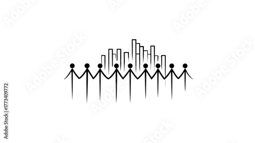A series of simple human figures holding hands, forming the skyline of a city.