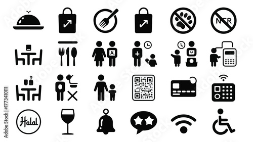 Set of Restaurant and Service Icons in Black Silhouette