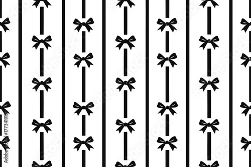Seamless pattern of black bows on white vertical stripes