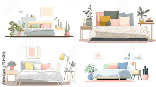 Modern minimalist bedroom interior illustration with soft colors, pillows, plants, and decor. Ideal for lifestyle blogs, home design magazines, and furniture brand promotion.