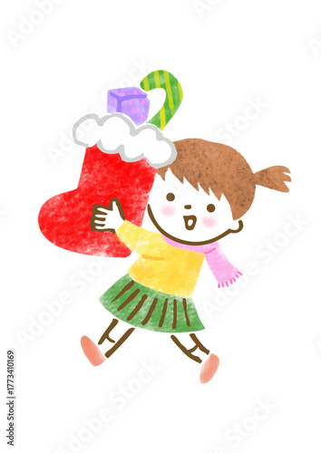 お菓子が入った大きなサンタブーツを持った女の子の手描きイラスト