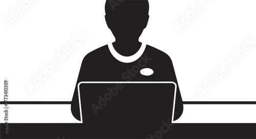 Silhouette of a person sitting at a desk using a laptop computer, isolated on transparent background