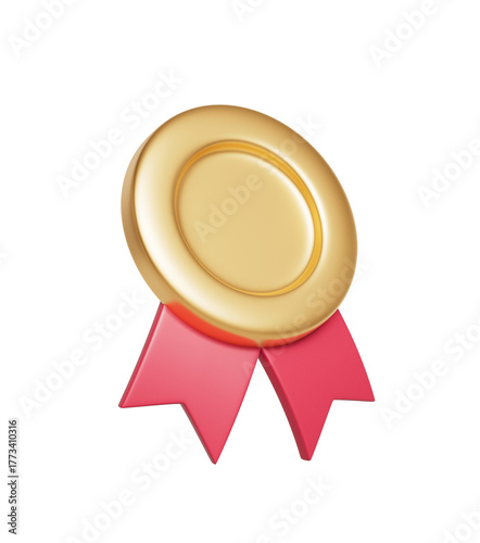금 메달 배지와 빨간 리본 목업 Gold Award Medal Badge with Red Ribbon Mock up