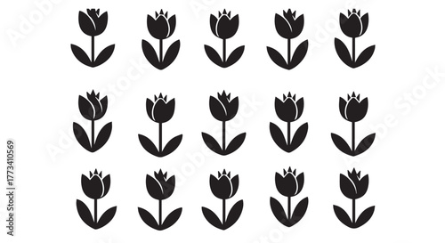 Pattern of black tulip icons isolated on transparent background