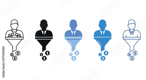 Sales funnel icons showing conversion and income isolated on transparent background