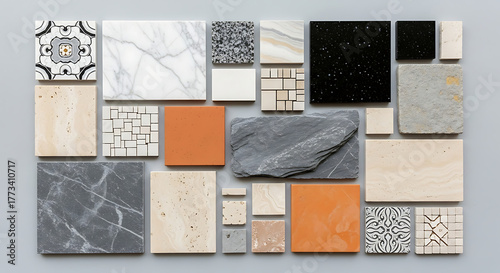 Assorted stone, ceramic, terracotta, and mosaic samples displaying textures, patterns, colors for design.