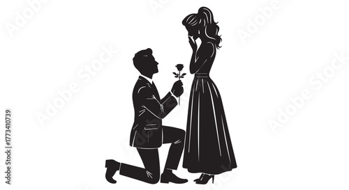 Silhouette of a man proposing to a woman with a rose, isolated on transparent background