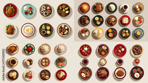 Realistic top-view illustration of assorted meals, desserts, and drinks in warm tones. Perfect for restaurant menus, culinary posters, food photography mockups, and cafe branding projects.