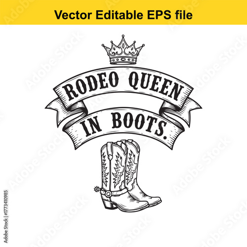 Rodeo queen in boots with crown, vector graphic