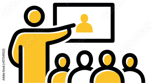 Yellow icon of a person presenting to an audience, isolated on transparent background