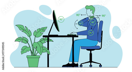 Ergonomic desk setup illustration showing correct posture for neck, shoulders, and arms while working at a computer isolated on transparent background