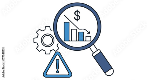 Illustration of financial decline with a magnifying glass and warning sign isolated on transparent background